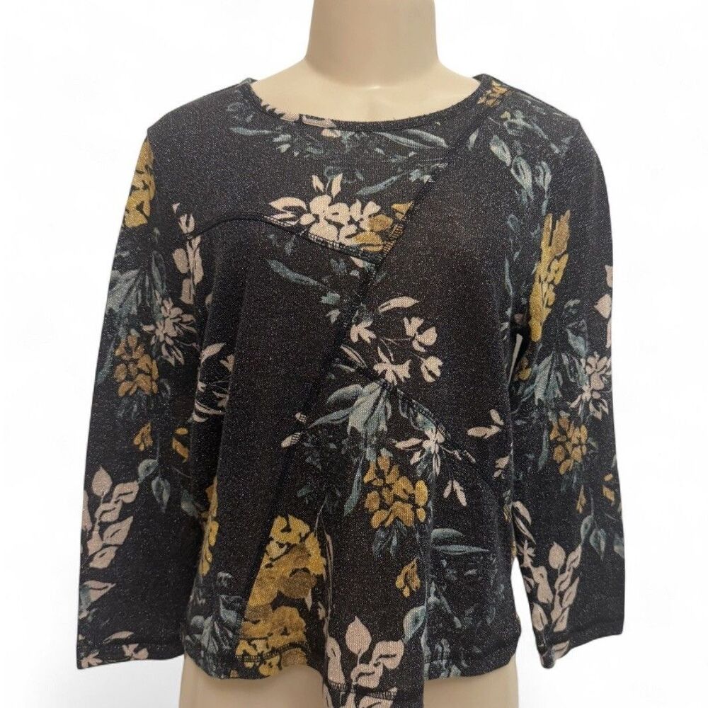 BonWorth Floral Sparkle Wrap Front Top Black Gold Metallic Shimmer Knit Medium M